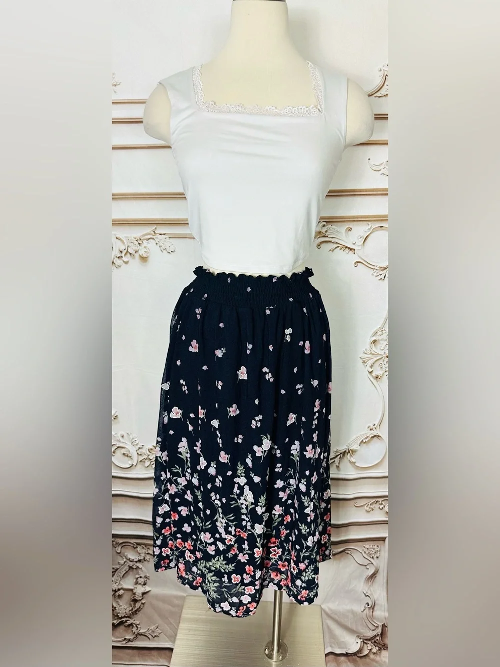 Navy Floral Smocked Waist Midi Skirt